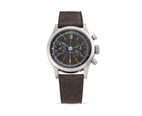 Eska Clamshell chronograph, 40sStainless steel round Clamshell case, n.306757, round pushers.Black and brown sector dial, mul