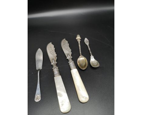 Lot of Silver to include mother of pearl handle silver bladed knifes etc. 