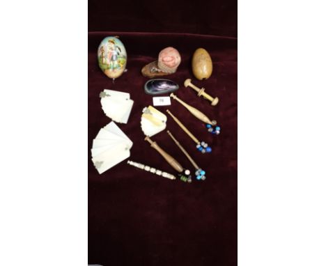 Selection Of Oddities Pin Cushion, Sewing Bobbins Shell Snuff, Ladies Dance Cards. 