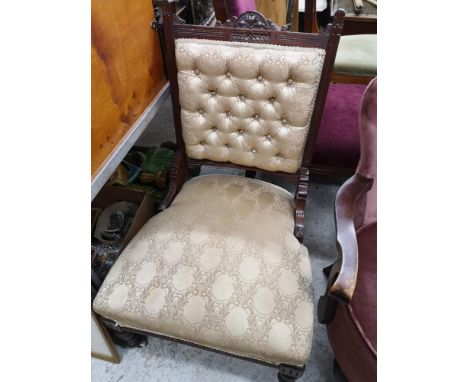 Victorian gentlemans button back chair with silk upholstery 