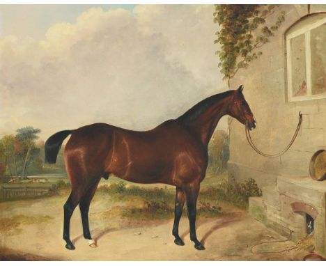 EDWARD WALTER WEBB (BRITISH 1810-1851) COLUMBINE AND GROOM IN A STALL; NORFOLK TETHERED IN A LANDSCAPE Oil on canvas, a pair 