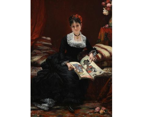 JULES EMILE SAINTIN (FRENCH 1829-1894) AN ELEGANT LADY LOOKING AT A BOOK OF JAPANESE PRINTS Oil on canvas Signed and dated '1