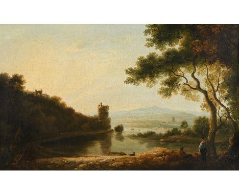 WILLIAM HODGES, R.A (BRITISH 1744-1797) A RIVER LANDSCAPE AT SUNSET Oil on canvas 43 x 71cm (16¾ x 27¾ in.)   Condition Repor