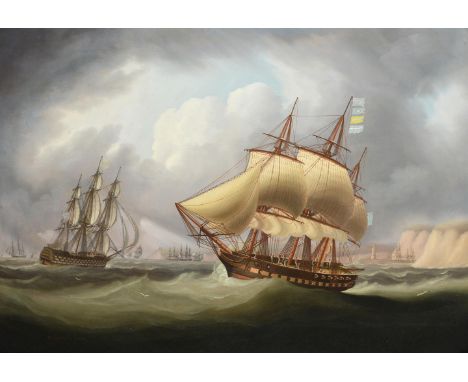 THOMAS BUTTERSWORTH JUNIOR (BRITISH 1807-1842) A FIFTH RATE FRIGATE SIGNALLING TO A SHIP OF THE LINE OFF DEVON Oil on canvas 