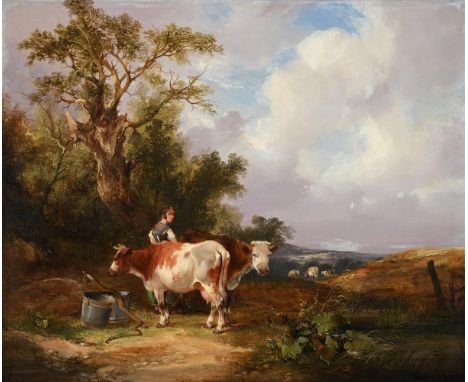 WILLIAM SHAYER (BRITISH 1787-1879) A MILKMAID WITH HER CATTLE Oil on panel Signed (lower left) 49 x 60cm (19¼ x 23½ in.)Prove