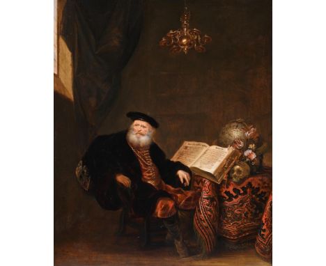 ABRAHAM VAN DEN HECKEN (DUTCH 1615-1669) SCHOLAR SEATED BESIDE AN OPEN PSALTER, GLOBE, AND A MOMENTO MORI Oil on panel Signed