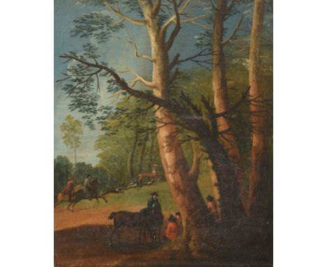 FRENCH SCHOOL (18TH CENTURY) THE STAG HUNT Oil on canvas 36.5 x 30cm (14¼ x 11¾ in.)   Condition Report:  The canvas has been