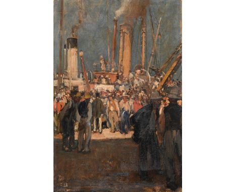 λ&nbspSIR FRANK BRANGWYN  (BRITISH 1867-1956) STEAMER IN A PORT  Oil on board, unframed Signed (lower left) 55.5 x 37cm (21¾ 