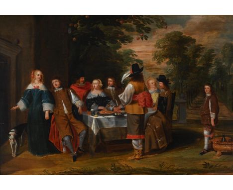 FOLLOWER OF CHRISTOFFEL JACOBZ VAN DER LAMEN A BANQUET IN A GARDEN Oil on panel 50 x 73cm (19½ x 28½ in.)After a picture whic
