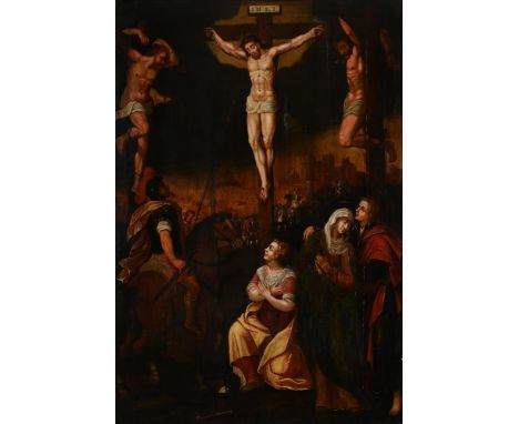 FLEMISH SCHOOL (17TH CENTURY) CRUCIFIXION  Oil on panel 104 x 71.5cm (40¾ x 28 in.)   Condition Report:  The panel has two be