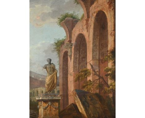 FOLLOWER OF GIOVANNI PAOLO PANNINI CAPRICCIO WITH ROMAN RUINS AND STATUE  Oil on canvas Bears the indistinct signature 'P.P. 