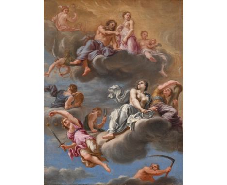 LOUIS LAGUERRE (FRENCH 1663-1721) PSYCHE RECEIVED ON OLYMPUS, ACCOMPANIED BY MERCURY, THE CARDINAL VERTUES AND ETERNITY, A SK