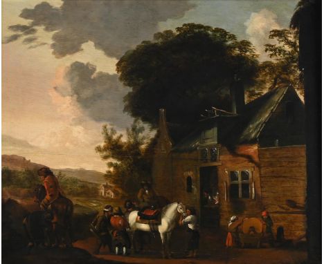 ATTRIBUTED TO PIETER WOUWERMAN (DUTCH 1623-1682) TRAVELLERS ON HORSEBACK HALTING AT THE BLACKSMITH  Oil on panel  Signed with