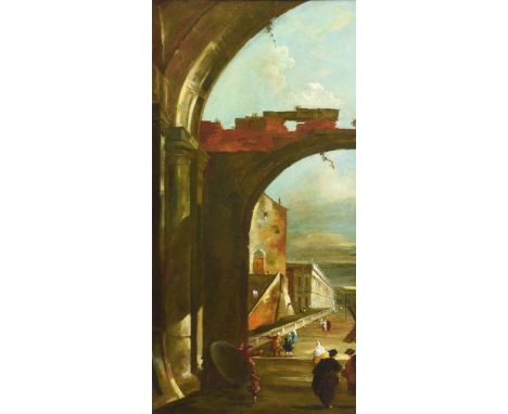 MANNER OF FRANCESCO GUARDI A SET OF FOUR VENETIAN CAPRICCIOS Oil on canvas laid on board 120 x 59cm (47 x 23 in.) two 114 x 5