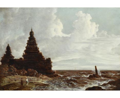 THOMAS DANIELL R.A (BRITISH 1749-1840) THE SHORE TEMPLE, MAHABALIPURAM Oil on mahogany panel  Inscribed 'A Hindoo Temple at M