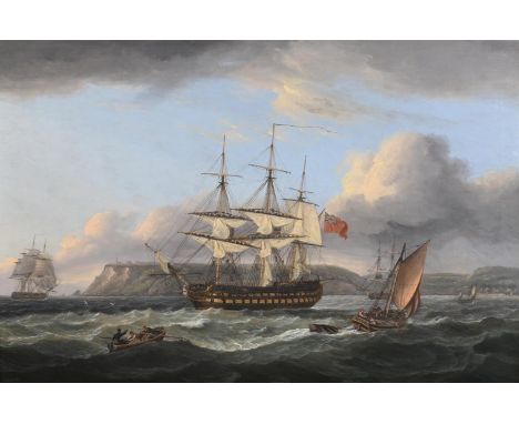 THOMAS LUNY (BRITISH 1759-1837) H.M.S BELLEROPHON OFF TORBAY WITH THE DEFEATED EMPEROR NAPOLEON ABOARD '26 JULY 1815' Oil on 