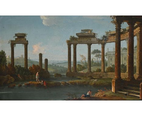 FOLLOWER OF PIERRE ANTOINE PATEL  LANDSCAPE WITH BATHERS AND ROMAN RUINS  Oil on canvas  56 x 95cm (22 x 37¼ in.)   Condition