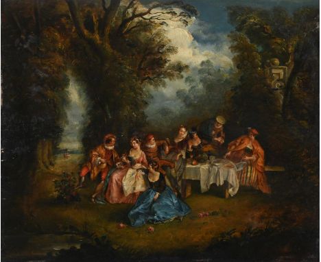 FOLLOWER OF ANTOINE WATTEAU FETE GALLANT Oil on board 46 x 55cm (18 x 21½ in.) Unframed   Condition Report:  The panel has be