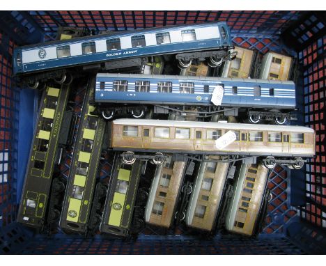 Nine Hornby OO Gauge Coaches, three LNER teak 22357 and 22366, three Pullman "Rosemary" and car No. 56, one 'Golden Arrow' gr