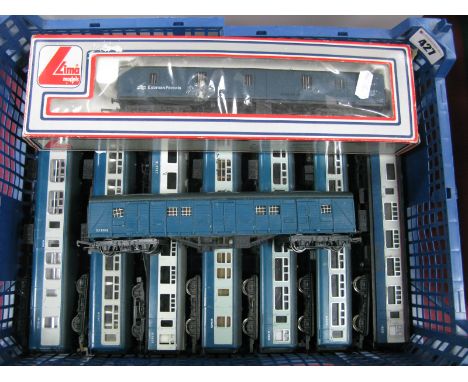Seven Hornby OO Guage Inter-City Blue/Grey Coaches, playworn, plus Lima Ref. 305656W boxed Express Parcels van and unboxed Tr