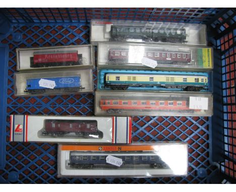 Eight 'N' Gauge Items Rolling Stock by Arnold, Minitrix, Lima etc, two box vans, parcel wagon, five DB railway coaches,cased/