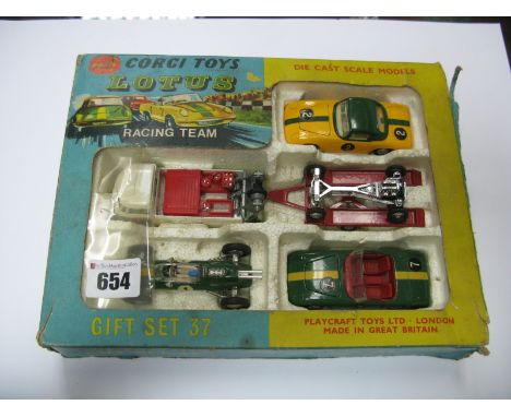 A Corgi Gift Set No 37 'Lotus Racing Team', comprising Lotus Climax Racing Car, Lotus Elan Coupe, Lotus Elan S2, VW breakdown