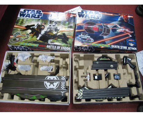 Two Boxed Scalextric Star Wars Slot System Sets, 1:64th scale Death Star Attack, 1:32nd scale Battle of Endor, playworn, unch