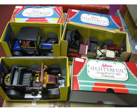 Three Schuco Modern Old Timer Series Tinplate Clockwork Model Cars, including #1230 Renault CV 1911 Voiturette (key) #1227 Fo