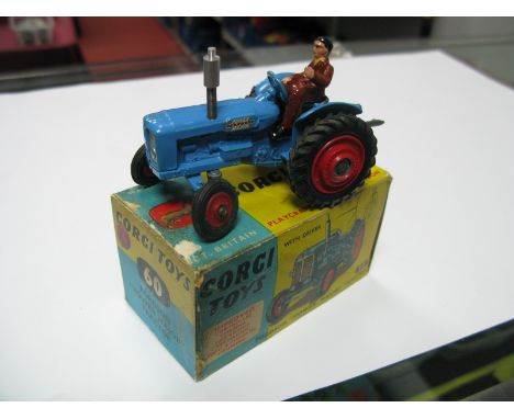 A Corgi Toys No. 60 Fordson Power Major Tractor with Driver, excellent, boxed staining, tears, sellotape to box.