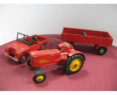 Dinky Landrover No 340, in red with plastic wheels, missing driver, fair, plus last type four wheel trailer in red and Massy 