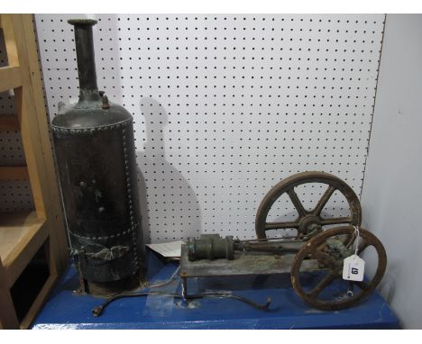 A XIX Century Dockyard 'Style' Horizontal Single Cylinder Steam Engine on Brass Four Pillar Top, top 12" long, flywheel 8½" d