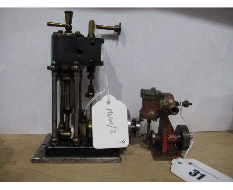 Two Small Engineered Live Steam Engines, a vertical four pillar single cylinder c. 4½ inches tall, flywheel 1¼ inches. Plus a