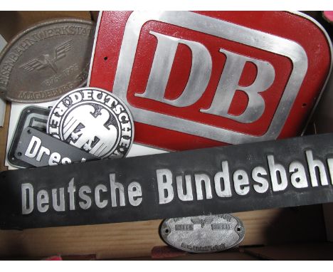 A Collection of DB/German Federal Railway, 11 assorted plastic train running shields, wagon plate, 5 assorted engine plates/p