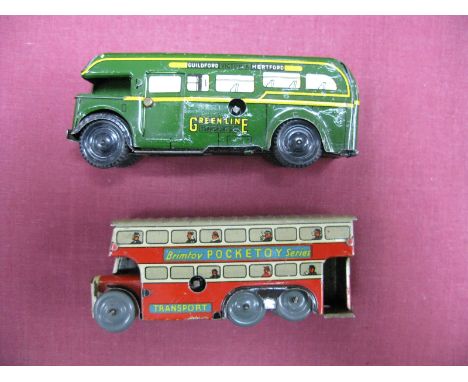 A Small Brimtoy Pocket Toy Tinplate Clockwork Double Decker Bus, and a single decker Green Line.