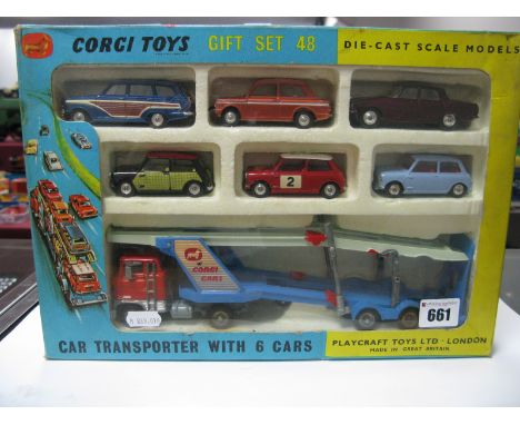 Corgi Toys Gift Set No 48 Car Transport with Six Cars, comprising Fort Tilt Transporter, Woody Ford Cortina Estate, Hillman I