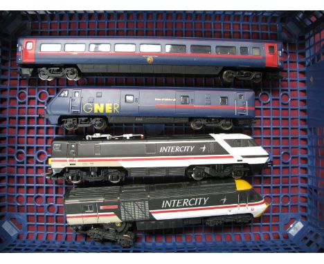 Three "OO" Gauge H.S.T Cars, Intercity, (powered), G.N.E.R (non powered), G.N.E.R Eight Wheeles Coach, by Hornby, Lima, playw