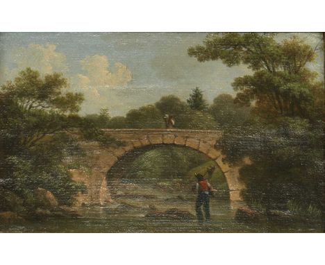 English School, 19th centuryA fisherman in a stream before a bridgeoil on canvas11 x 16.5cmProvenance: The Estate of Sir Jack
