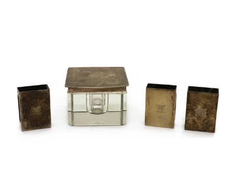 A square glass inkwell,with a silver hinged cover, Birmingham 1932,8cm wide5.5cm high and three silver matchbox cases,two Lon