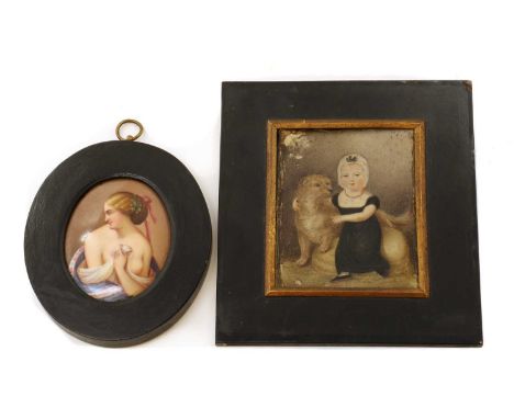 A portrait miniature depicting a child and dogoil on card,10.5 x 9cm,and an oval porcelain plaque, framed,8 x 6.5cm (2)Condit