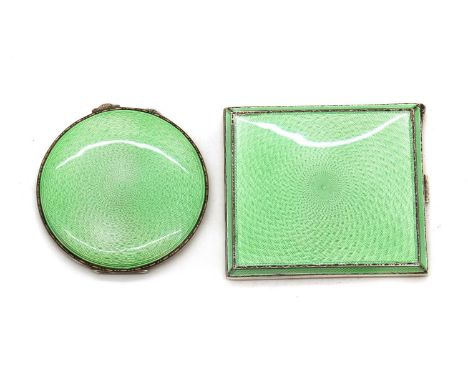 A cased silver compact and cigarette case,by Adie Brothers, Birmingham 1933, both decorated with green guilloche enamel in a 