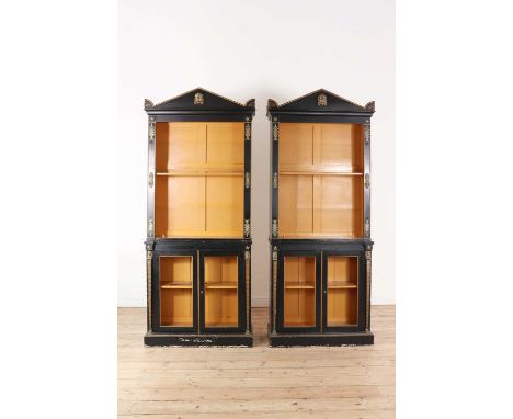 A pair of Napoleon III painted cabinets,19th century, French, each upper section with an architectural pediment centred by an