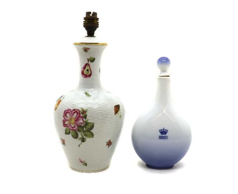 A Herend porcelain lamp base,20th century, with a basket weave body, decorated with flowers, 33.5cm higha Royal Copenhagen po