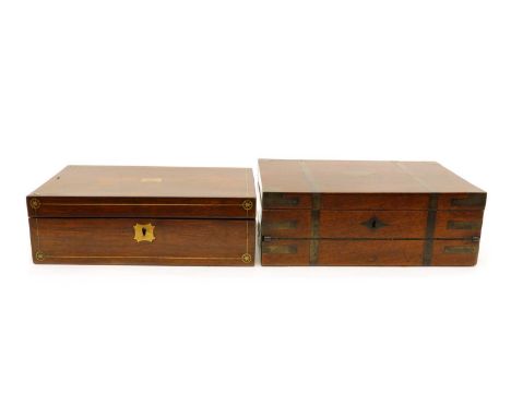 A mahogany and brass inlaid box, with an engraved plaque 'L Makin, 1814', 35cm wide24cm deep 12.5cm high together with a rose