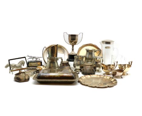 A collection of silver-plated itemsto inlcude a Norwegian 830 silver bowl, engraved and centred with an enamel roundel 'Norsk