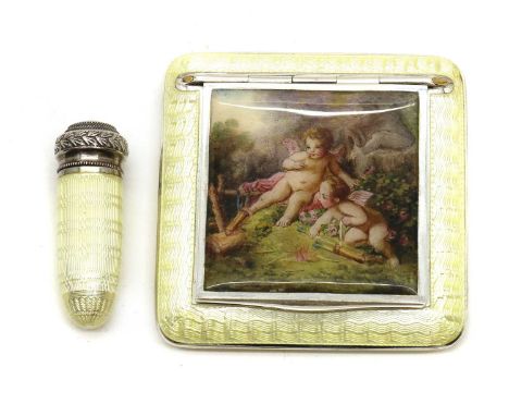 An Austrian enamelled silver compact,1920s, of square form with softly bevelled edges, decorated throughout in yellow guilloc