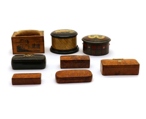 A group of eight boxescomprising a Mauchline ware string box and cover, by Clark & Co, Paisley, with a double portrait to the