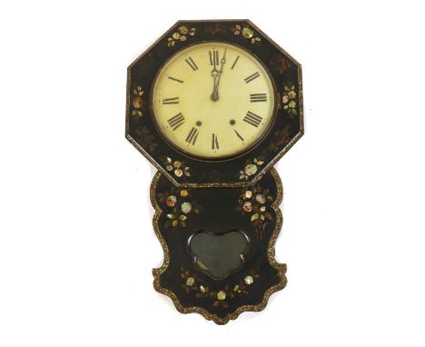 A Victorian black lacquered and papier-mâché wall clock,with painted floral decoration and mother of pearl insets, the enamel