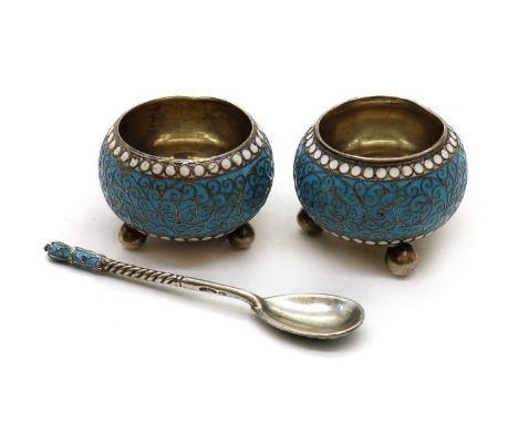 A pair of Russian silver and enamel saltspossibly by Gustav Klingert, Moscow, 1895, each of globular form raised on ball feet