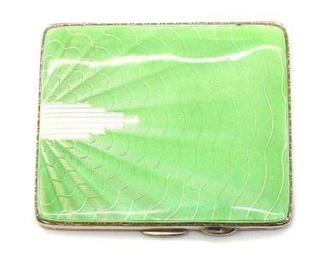An Art Deco enamelled silver cigarette case,by Joseph Gloster Ltd., Birmingham 1935, of rectangular form, the lid with green 