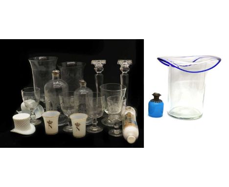 A collection of glassware,to include two bottles, 19th century, with etched decoration and metal-mounted cork stoppers, 22 an